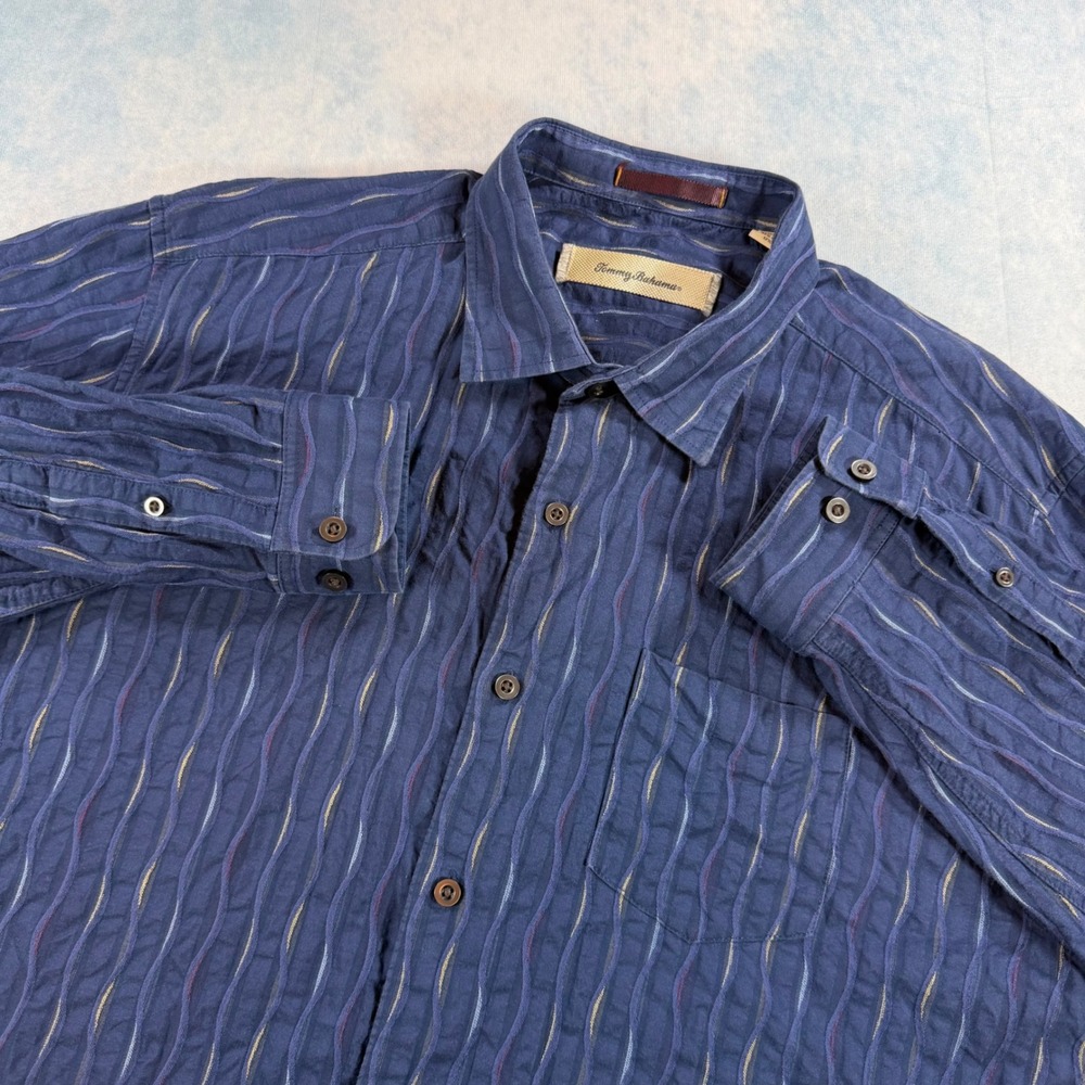 Tommy Bahama Button Down Shirt Mens XL Blue Excellent Silk Blend Wavy Seersucker